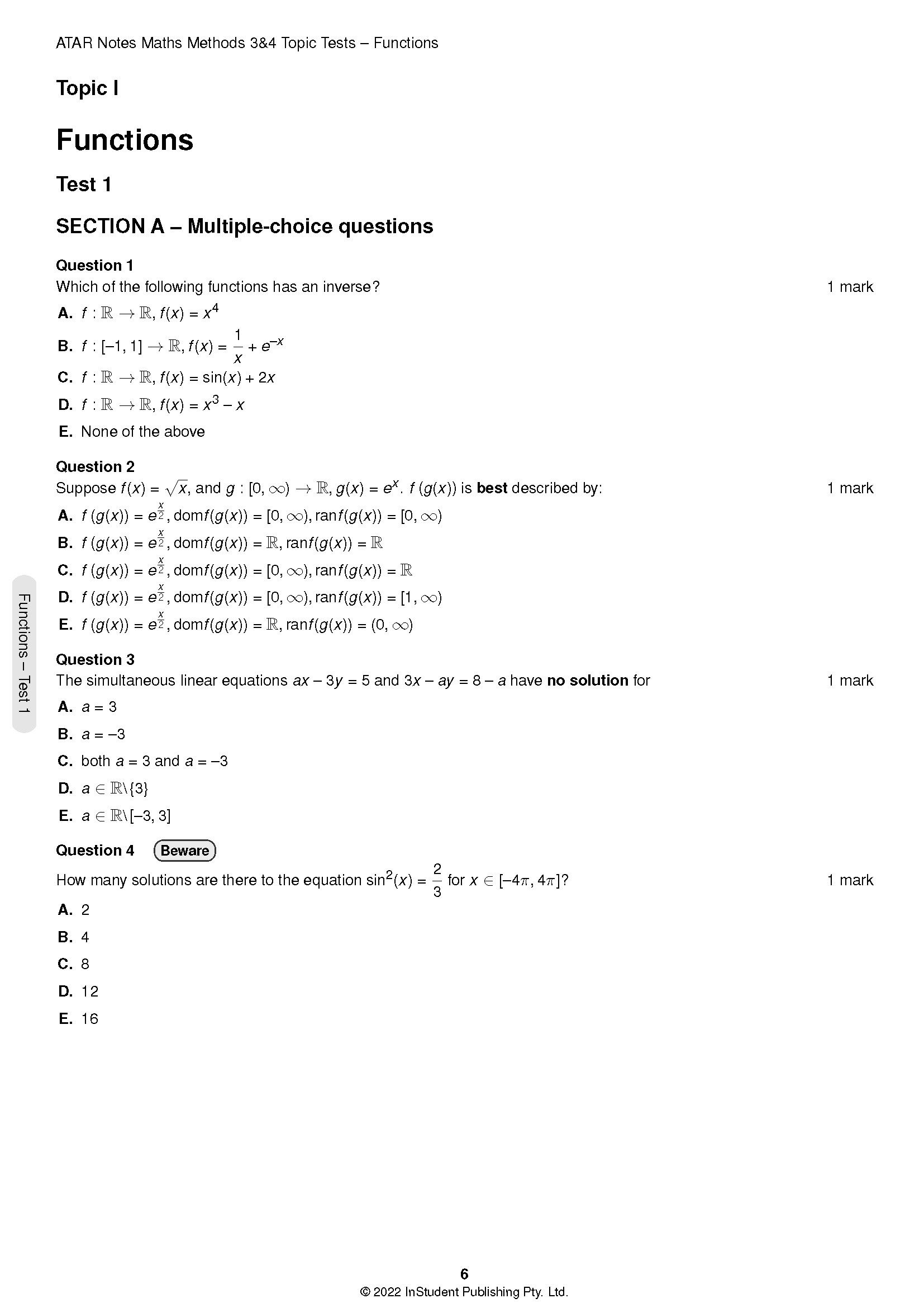 Maths Methods 3&4 Topic Tests by ATAR Notes, a white page displaying multiple-choice questions on functions.