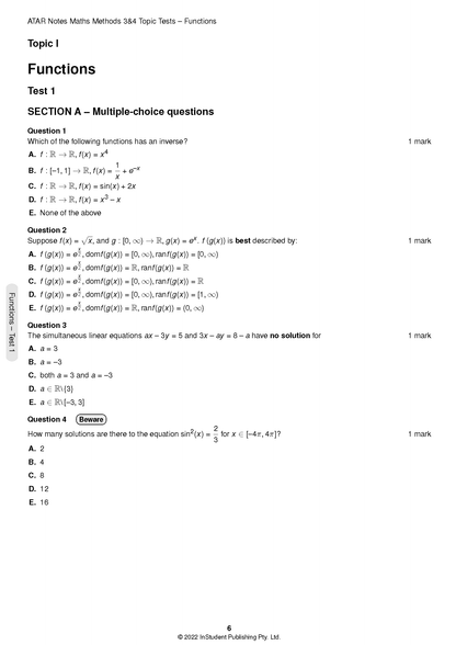 Maths Methods 3&4 Topic Tests by ATAR Notes, a white page displaying multiple-choice questions on functions.