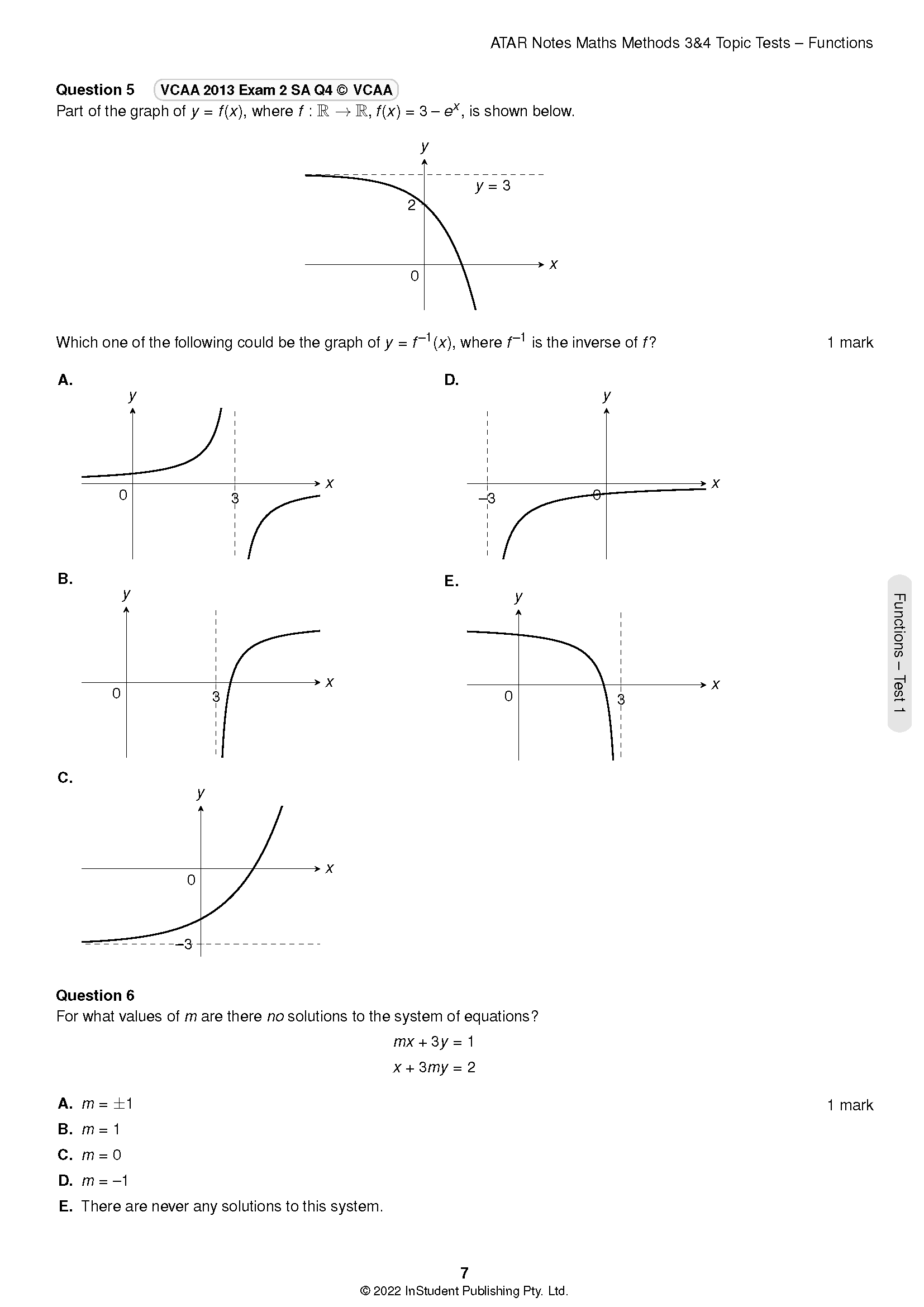 Maths Methods 3&4 Topic Tests by ATAR Notes, displaying a page with function graphs and a system of linear equations.