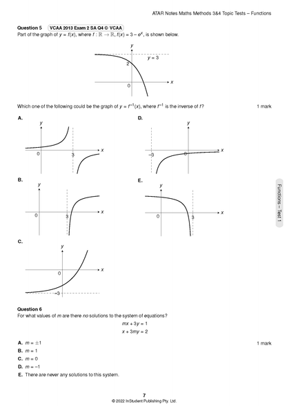 Maths Methods 3&4 Topic Tests by ATAR Notes, displaying a page with function graphs and a system of linear equations.
