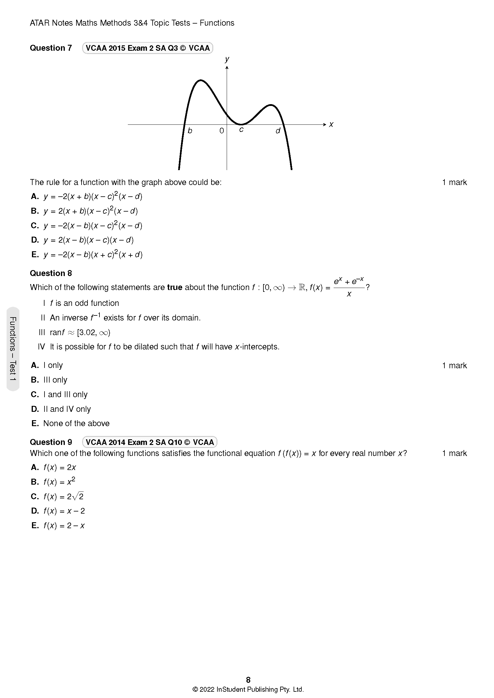 Mathematics Topic Tests by ATAR Notes, showing a page with function questions, a graph, and mathematical formulas.