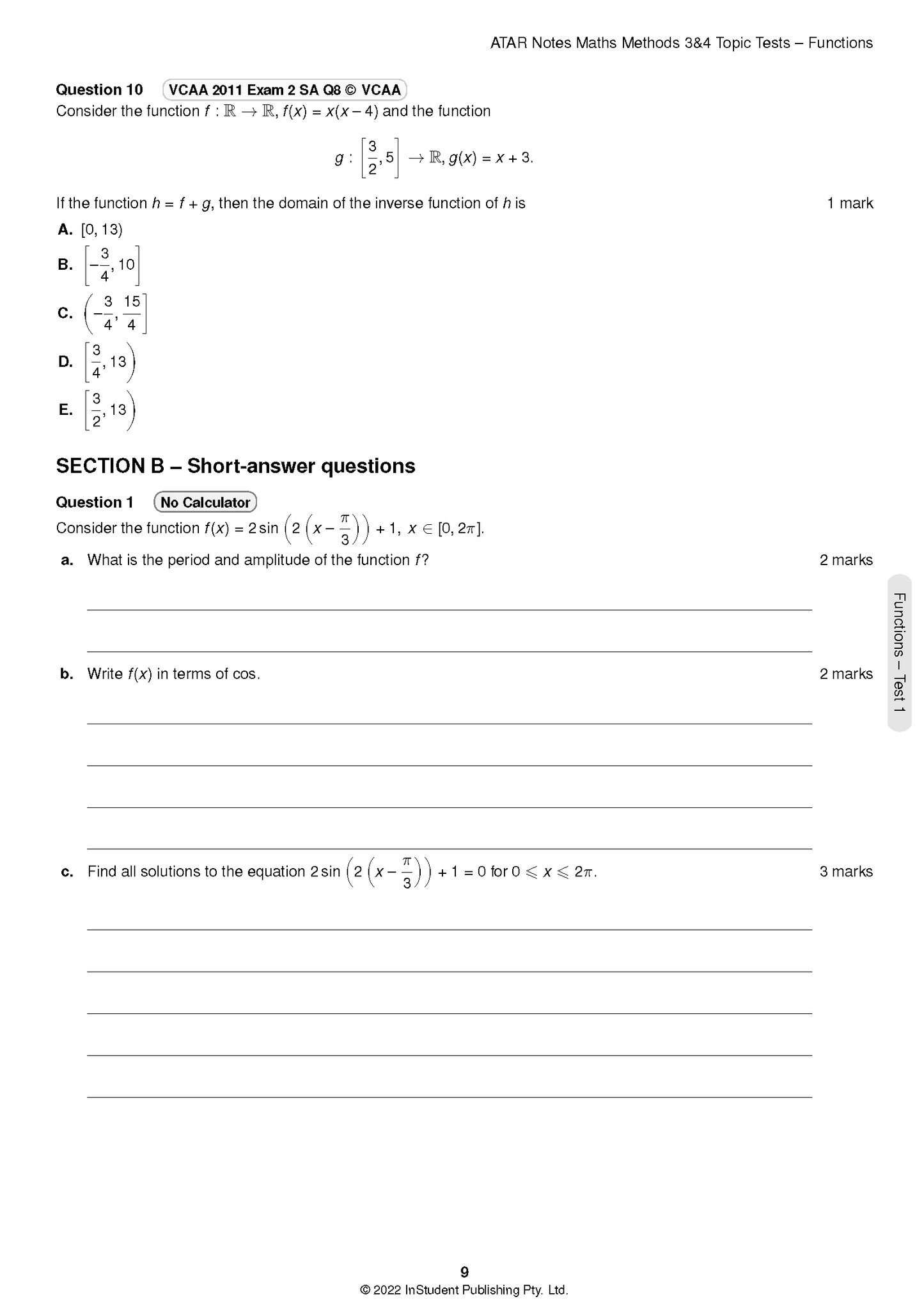 Maths Methods Topic Test by ATAR Notes showing multiple-choice and short-answer questions from VCAA exam papers.