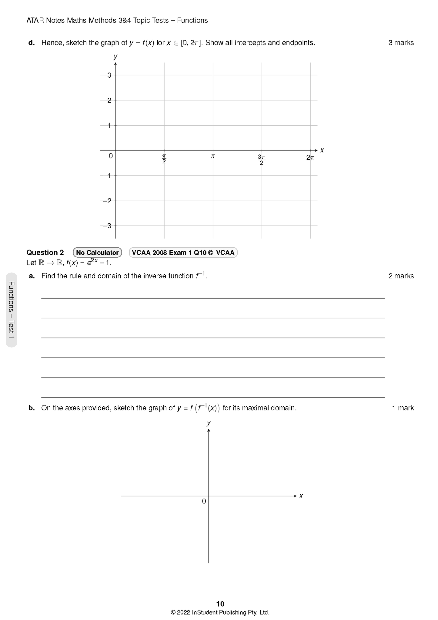 VCE Maths Methods 3&4 Topic Tests by ATAR Notes, a page showing questions on functions and coordinate plane graphs.