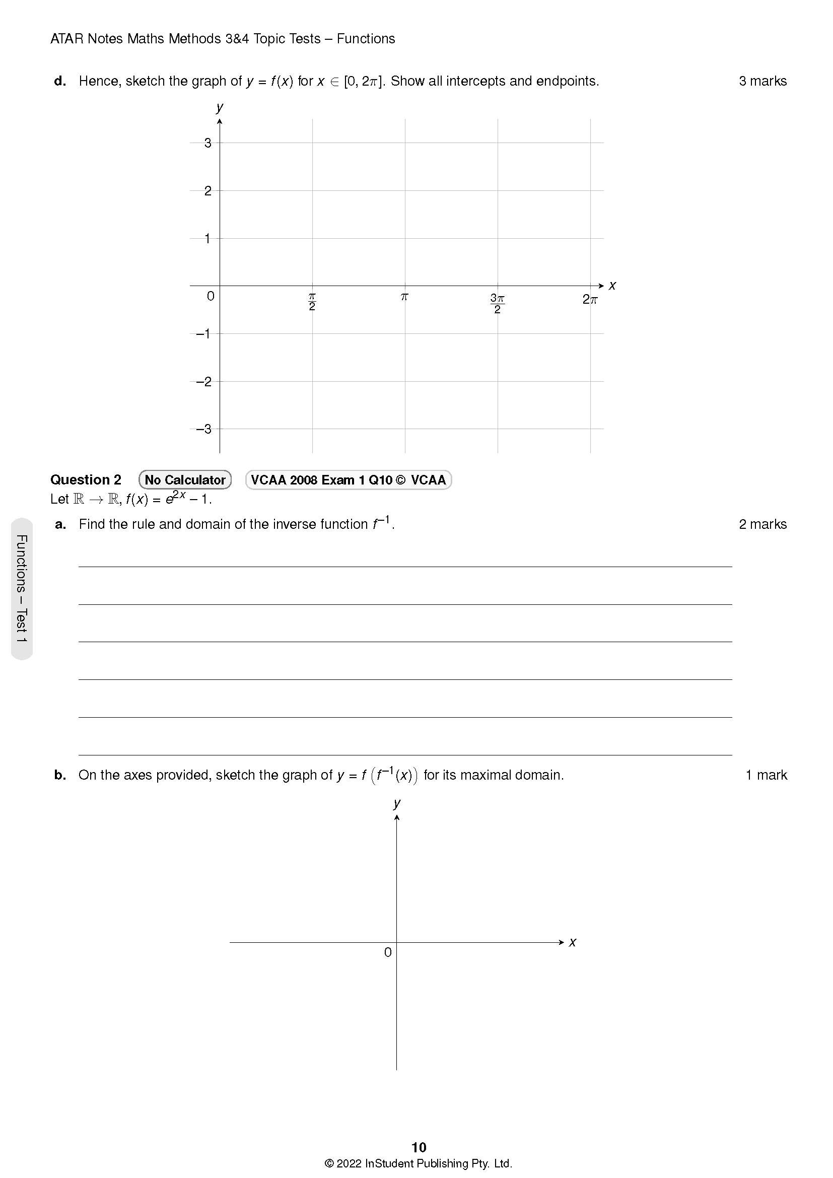 VCE Maths Methods 3&4 Topic Tests by ATAR Notes, a page showing questions on functions and coordinate plane graphs.