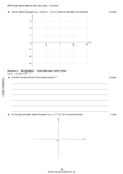 VCE Maths Methods 3&4 Topic Tests by ATAR Notes, a page showing questions on functions and coordinate plane graphs.