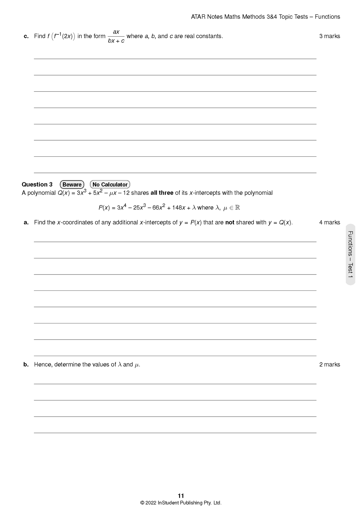 VCE Maths Methods 3&4 Topic Tests by ATAR Notes, displaying a white page with math questions and blank answer lines.