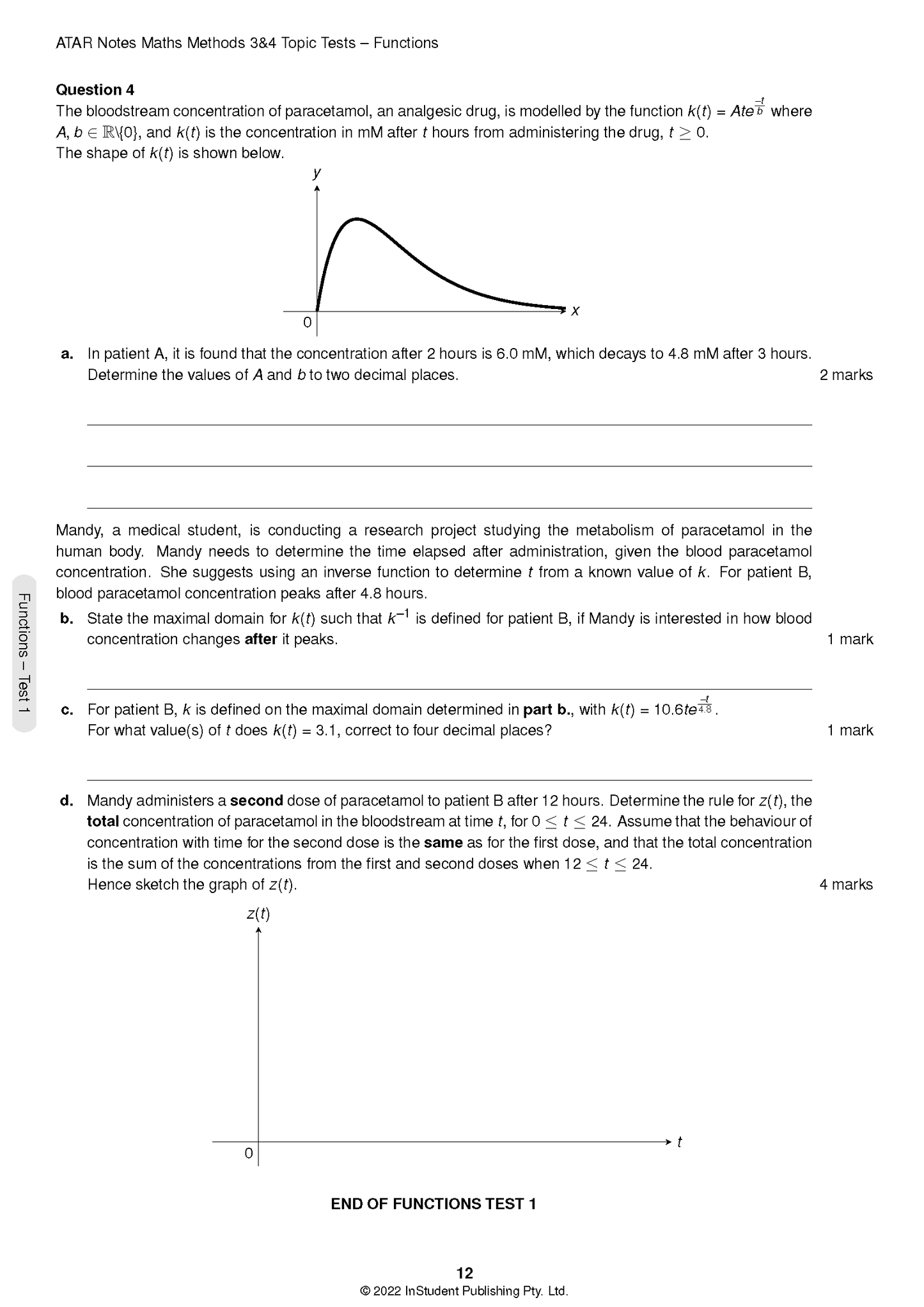 Topic Tests page for VCE Maths Methods 3&4 by ATAR Notes, displaying a question with equations and a graph.