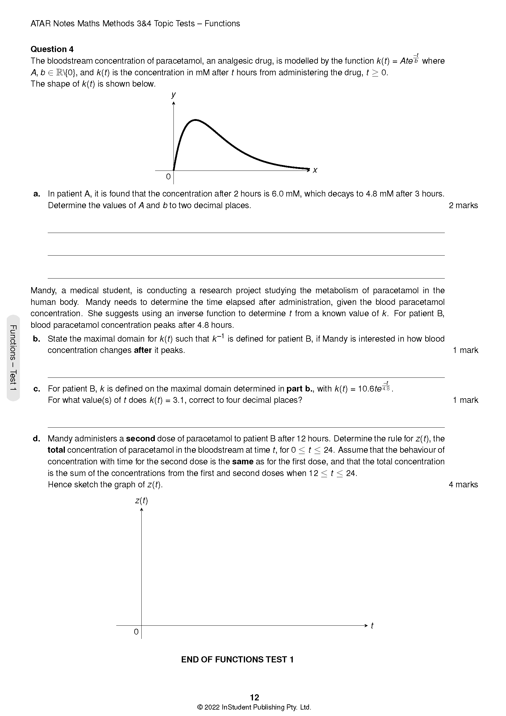 Topic Tests page for VCE Maths Methods 3&4 by ATAR Notes, displaying a question with equations and a graph.