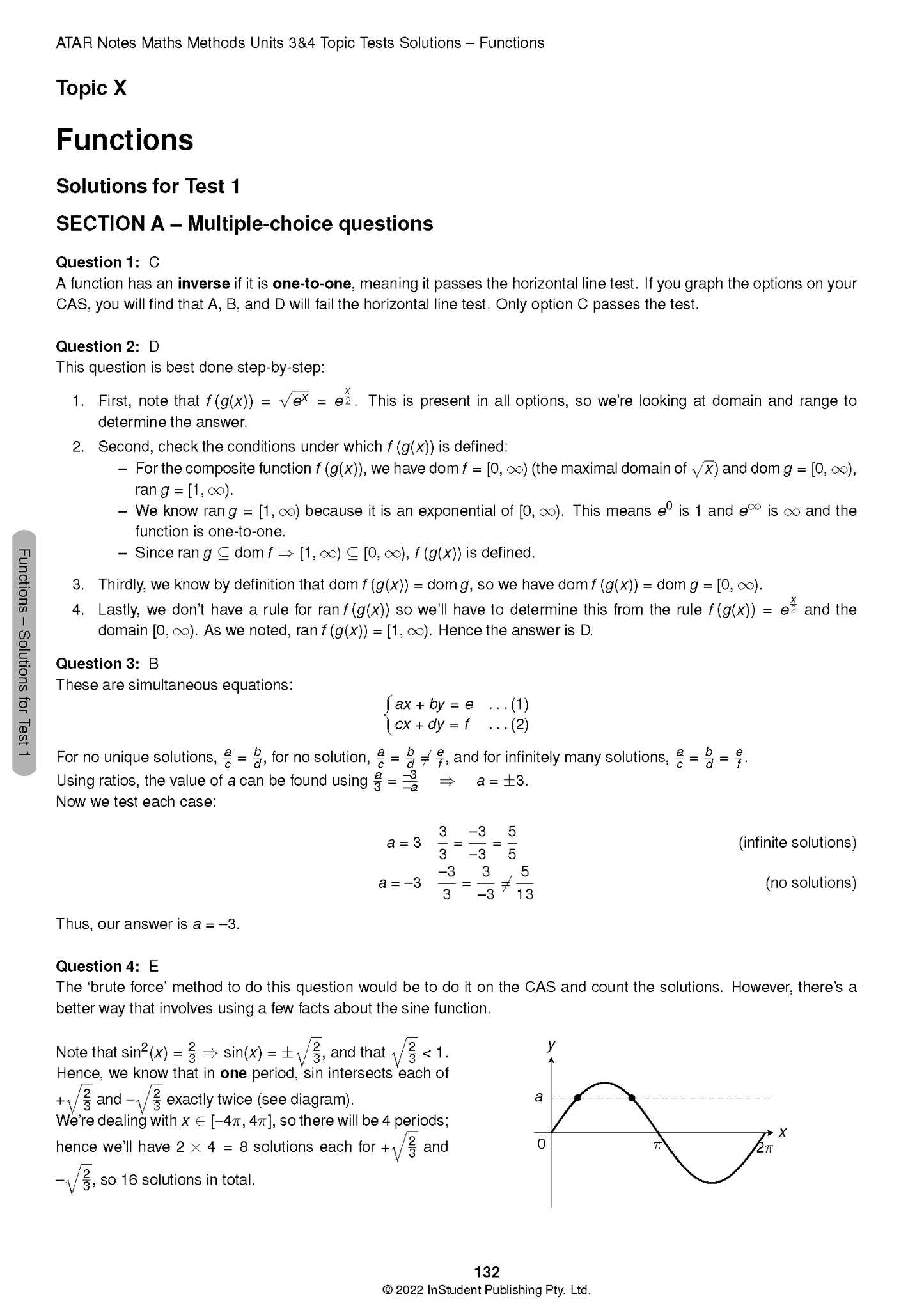 VCE Maths Methods Topic Tests solutions page by ATAR Notes, from the Functions section, with step-by-step answers and a sine graph on page 132.