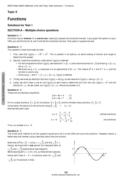 VCE Maths Methods Topic Tests solutions page by ATAR Notes, from the Functions section, with step-by-step answers and a sine graph on page 132.