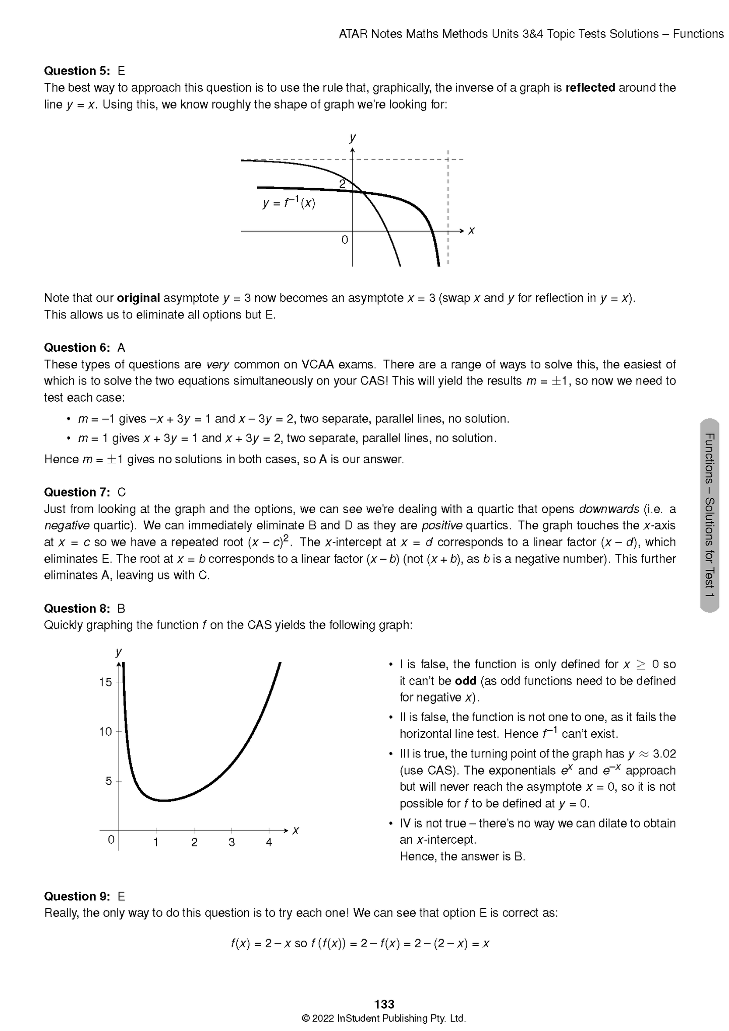 Topic Tests solution pages by ATAR Notes, displaying mathematical questions, graphs, and worked solutions for VCE Maths Methods.