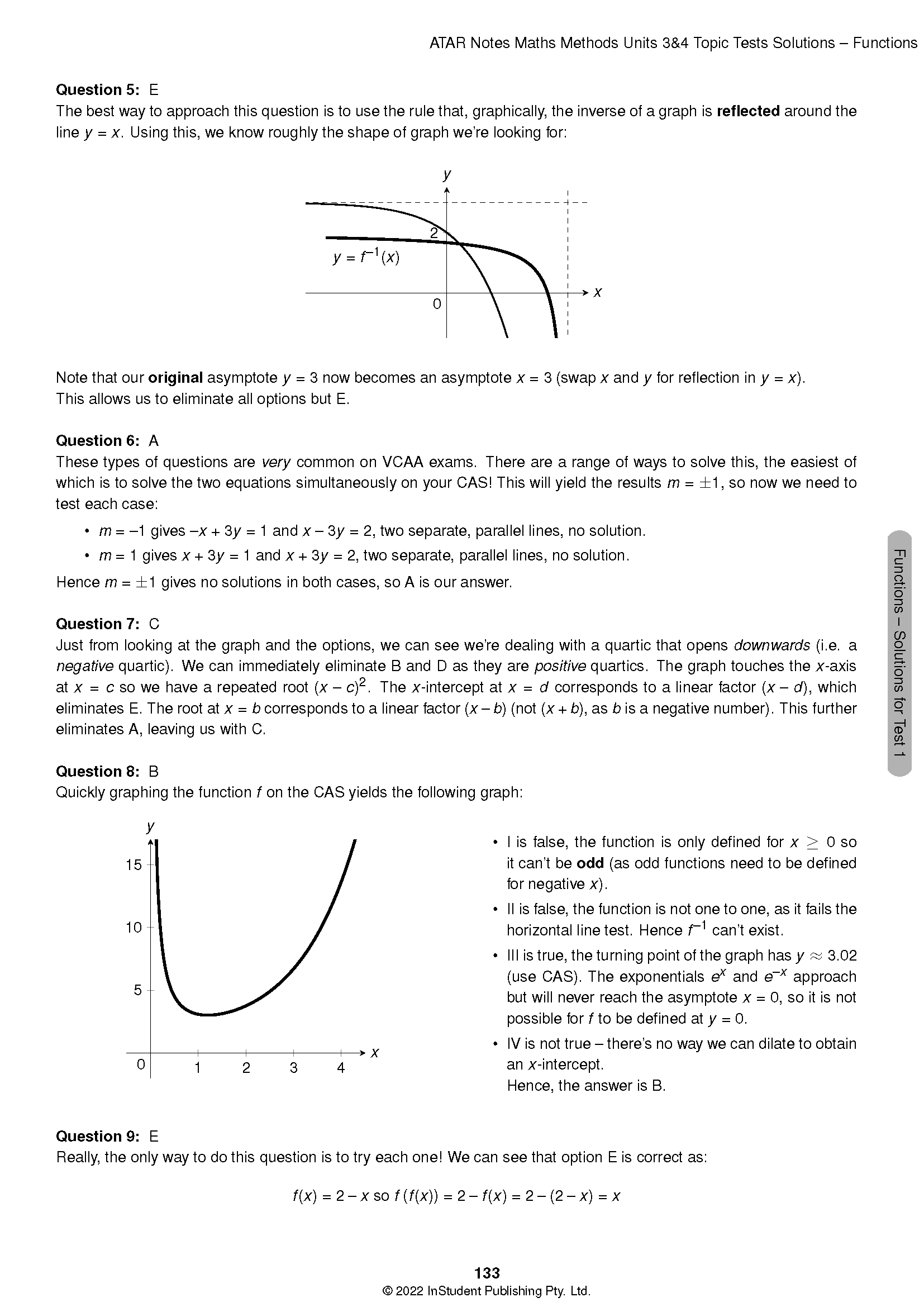 Topic Tests solution pages by ATAR Notes, displaying mathematical questions, graphs, and worked solutions for VCE Maths Methods.