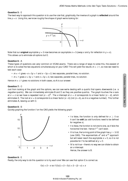 Topic Tests solution pages by ATAR Notes, displaying mathematical questions, graphs, and worked solutions for VCE Maths Methods.