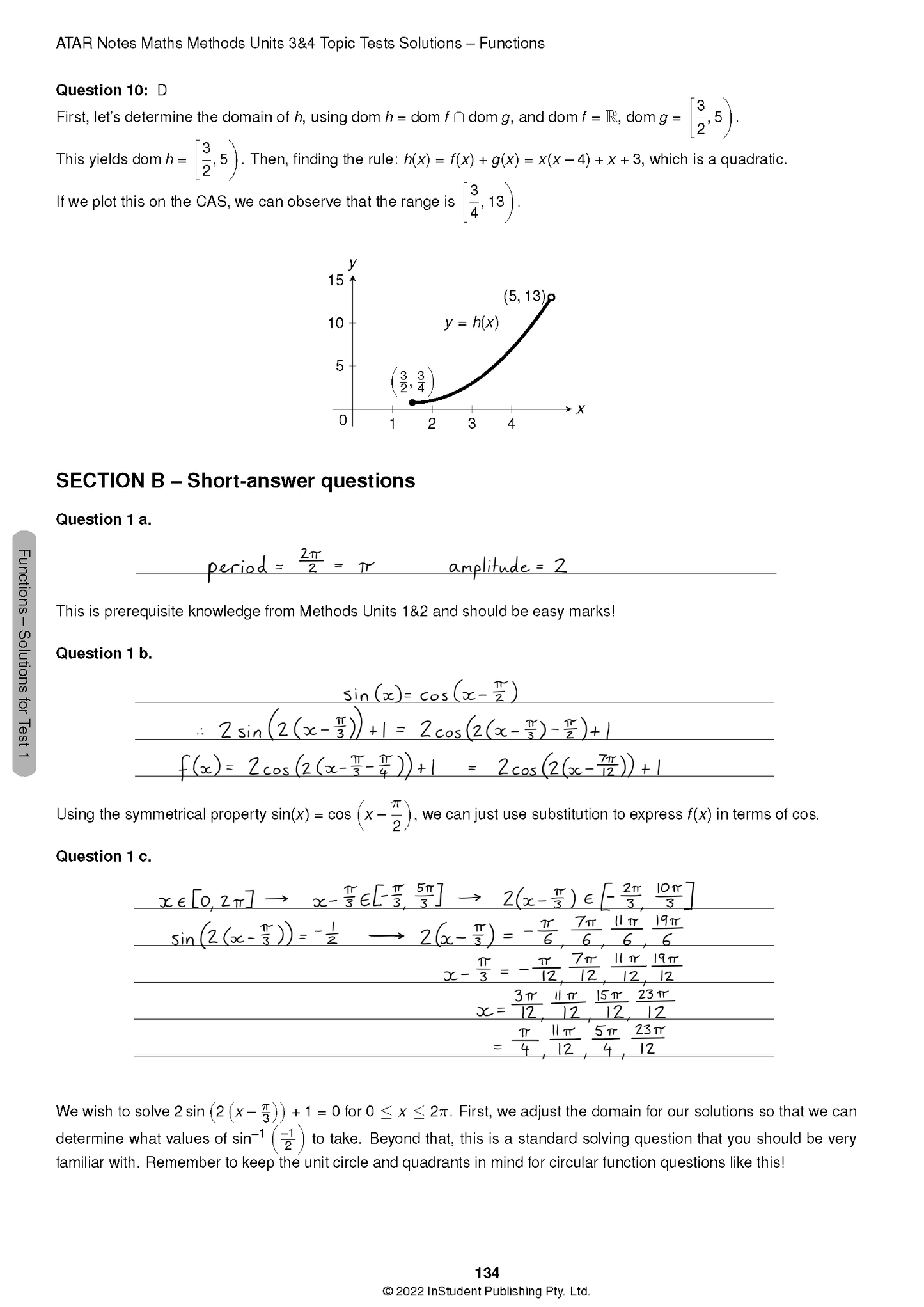 Topic Test solutions page for Maths Methods by ATAR Notes, showing handwritten and typed mathematical equations and a graph.