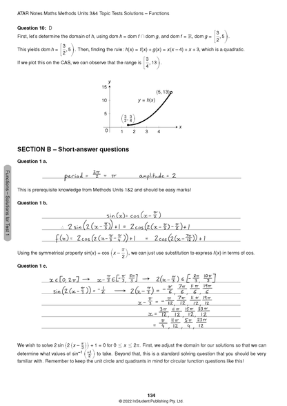Topic Test solutions page for Maths Methods by ATAR Notes, showing handwritten and typed mathematical equations and a graph.