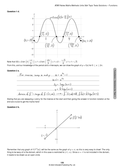 Maths Methods 3&4 Topic Tests by ATAR Notes, displaying a solution page with handwritten graphs and inverse function calculations.