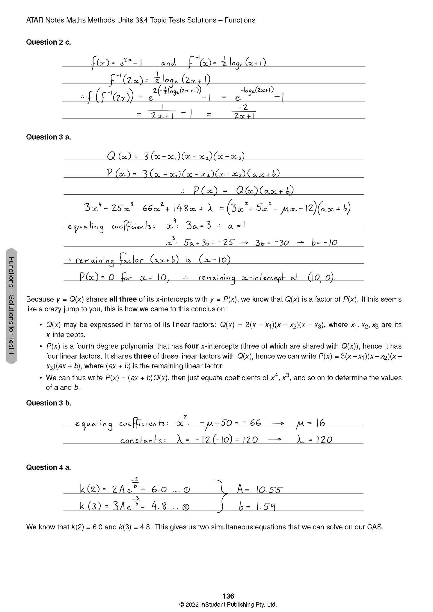Maths Methods Topic Tests solutions by ATAR Notes, a cropped page with handwritten equations and explanations.