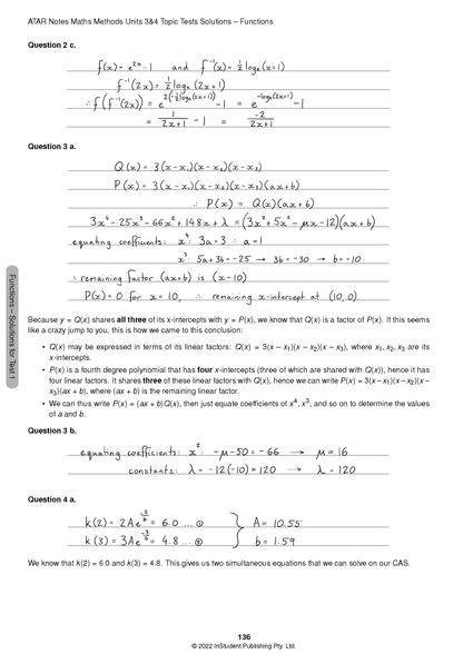 Maths Methods Topic Tests solutions by ATAR Notes, a cropped page with handwritten equations and explanations.