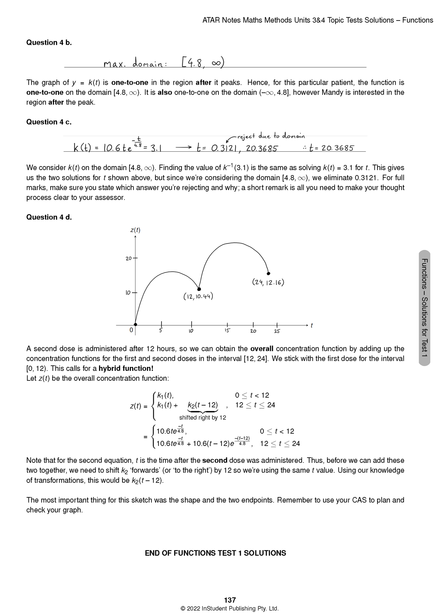 Maths Methods Topic Test solutions by ATAR Notes, featuring a printed page with equations, a graph, and handwritten notes.