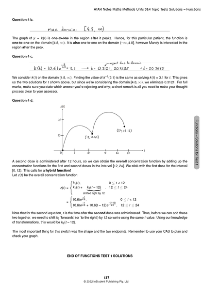 Maths Methods Topic Test solutions by ATAR Notes, featuring a printed page with equations, a graph, and handwritten notes.