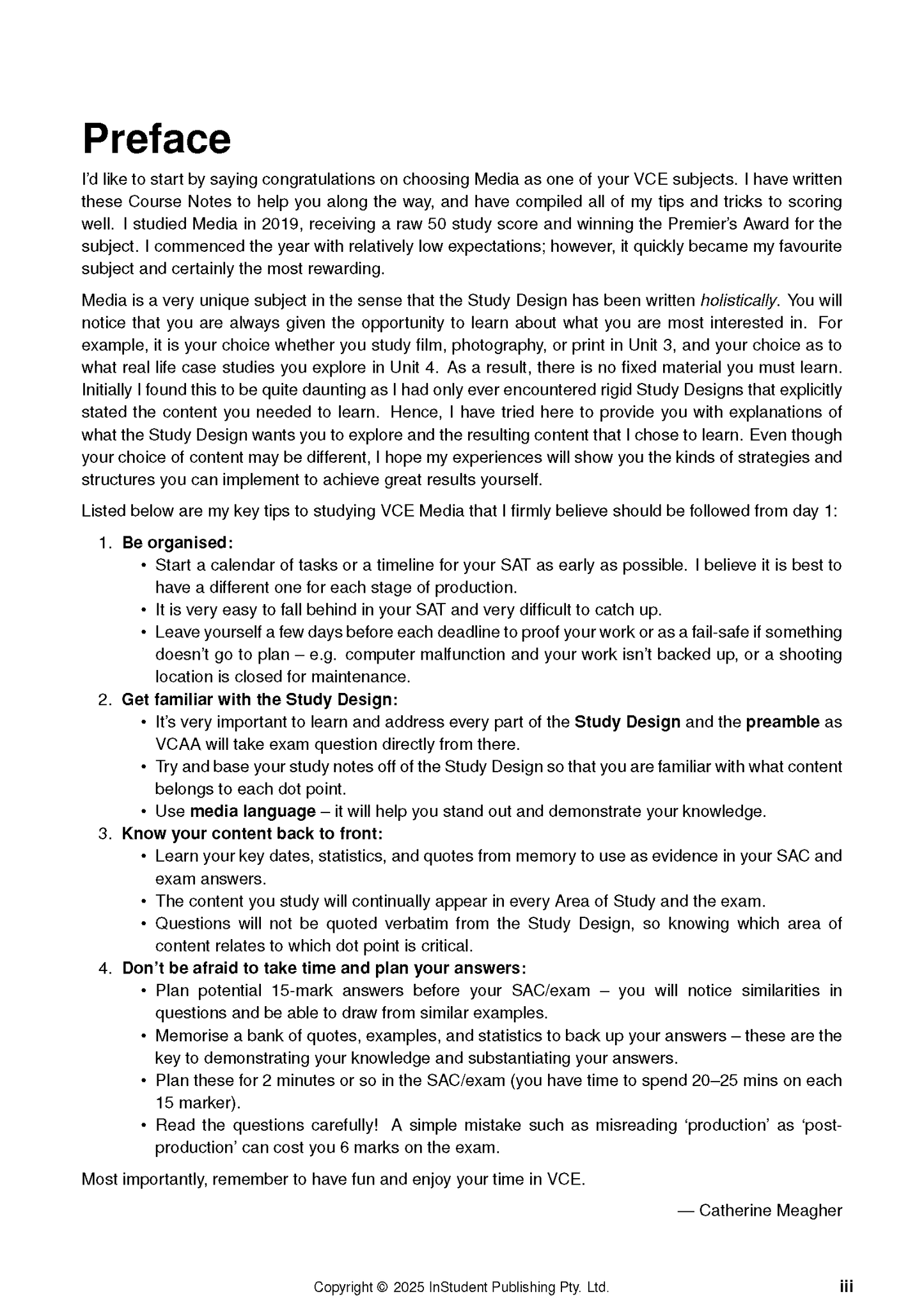 VCE Media course notes by ATAR Notes, a white page with black printed text titled 'Preface', shown in full.