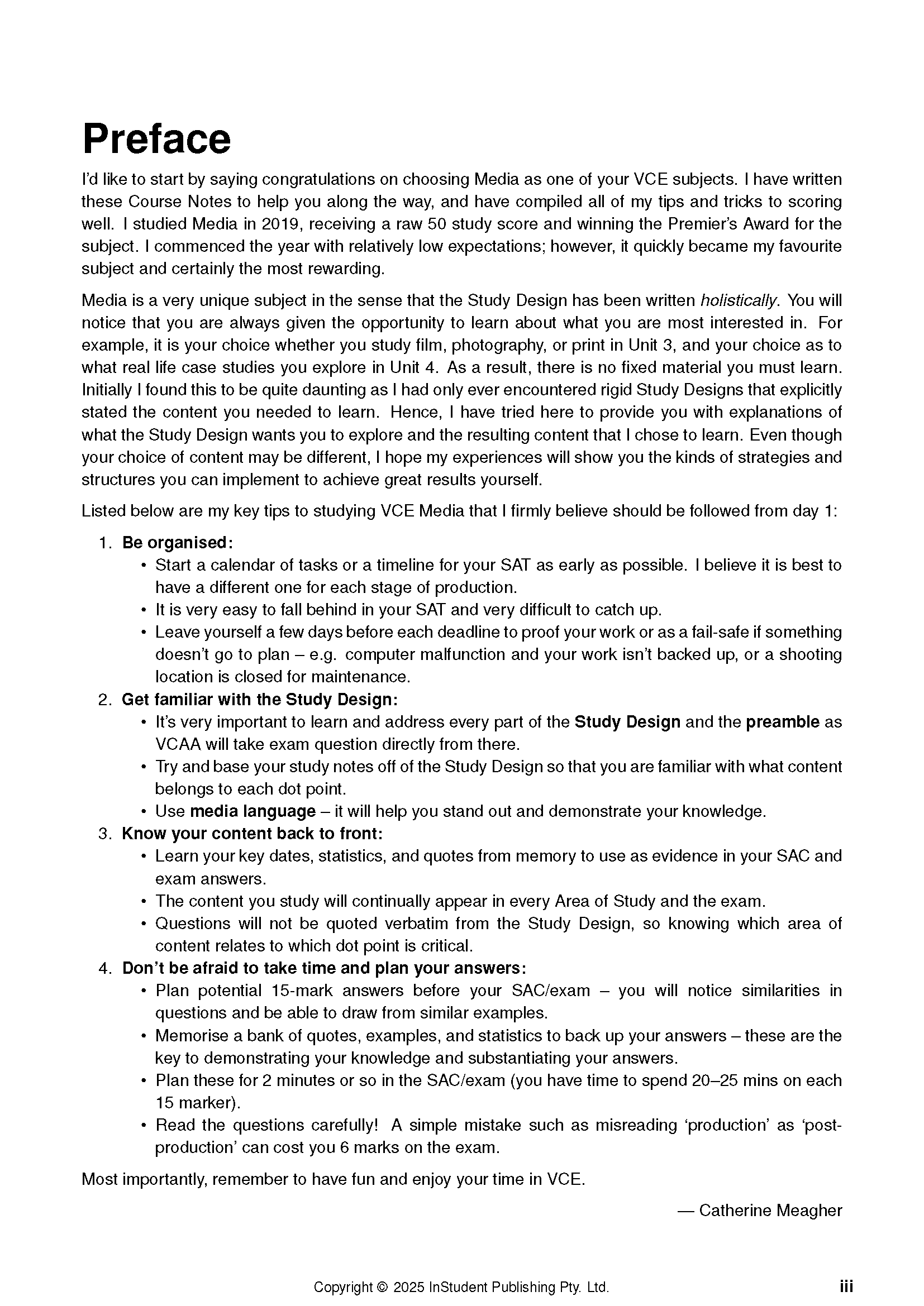 VCE Media course notes by ATAR Notes, a white page with black printed text titled 'Preface', shown in full.