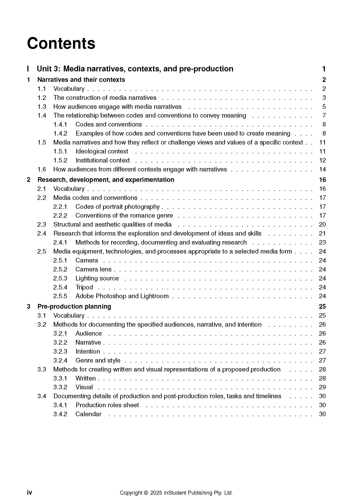Complete Course Notes for VCE Media 3&4 (2026-2028) by ATAR Notes, showing a detailed table of contents page.