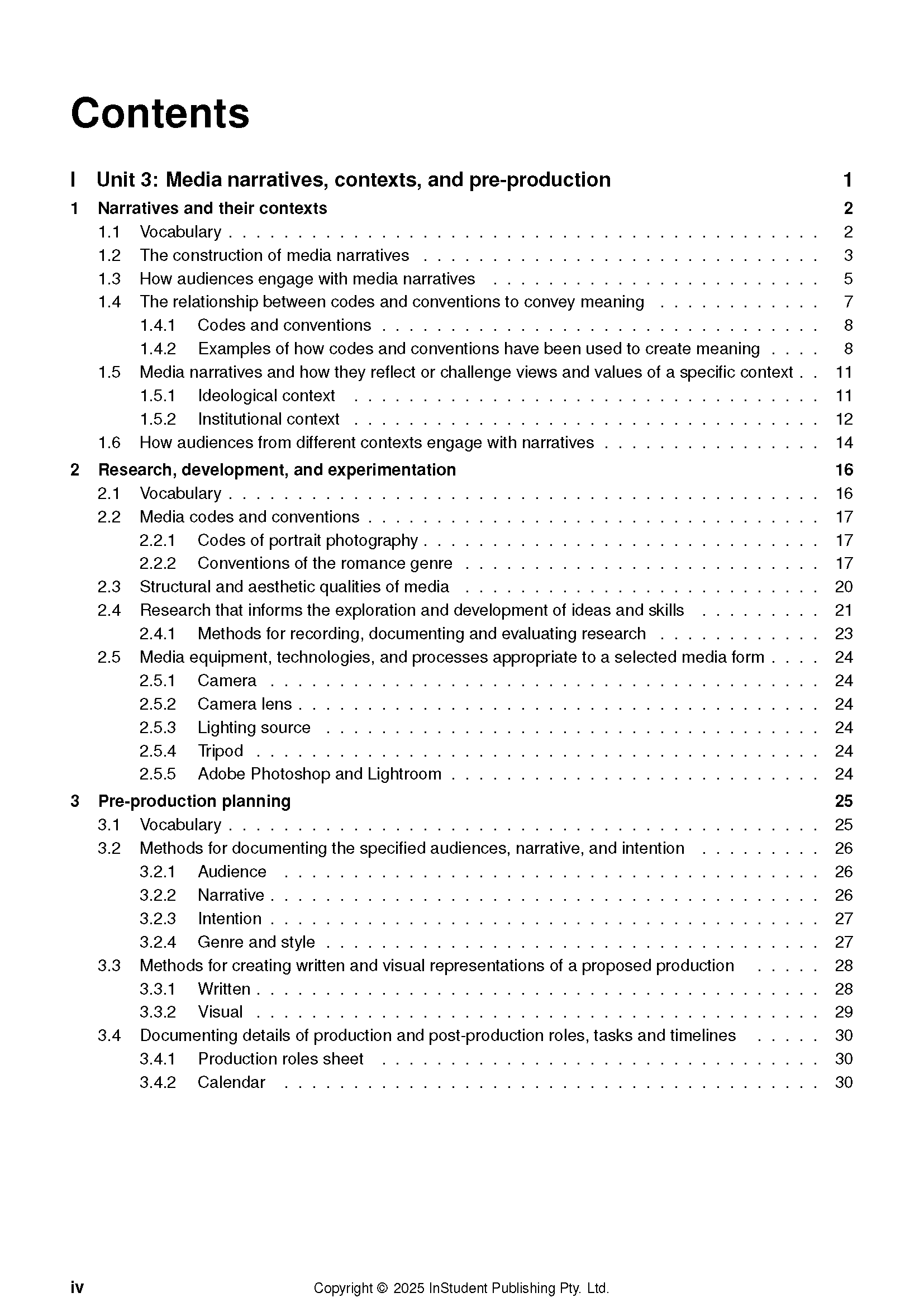Complete Course Notes for VCE Media 3&4 (2026-2028) by ATAR Notes, showing a detailed table of contents page.