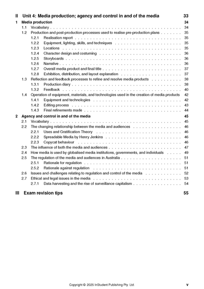 VCE Media Course Notes by ATAR Notes, displaying a table of contents with black text on white pages.