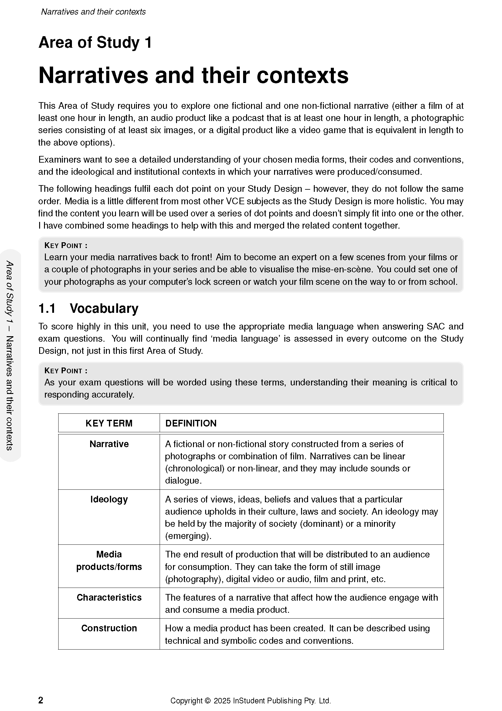 White VCE Media Course Notes page by ATAR Notes, featuring a table of key term definitions and an Area of Study heading.