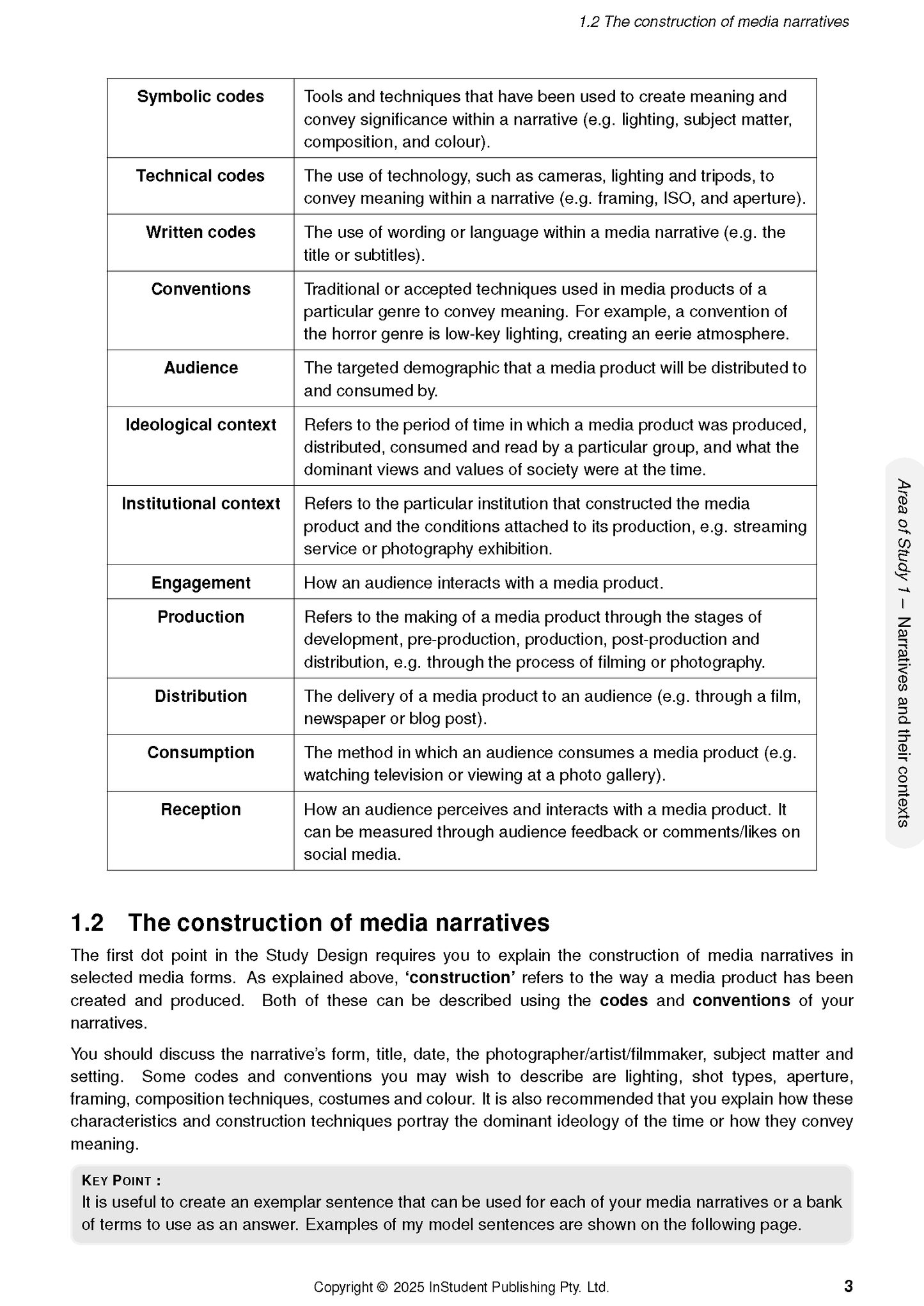VCE Media 3&4 Complete Course Notes by ATAR Notes, a page featuring a table detailing media narrative codes and contexts.
