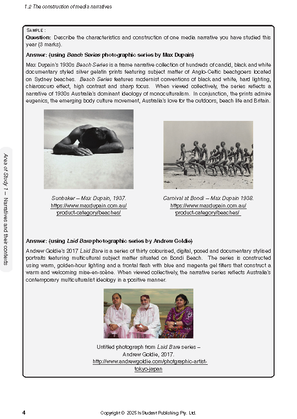 VCE Media 3&4 Complete Course Notes by ATAR Notes, displaying a sample page with text and three photographs on media narratives.