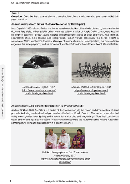 VCE Media 3&4 Complete Course Notes by ATAR Notes, displaying a sample page with text and three photographs on media narratives.