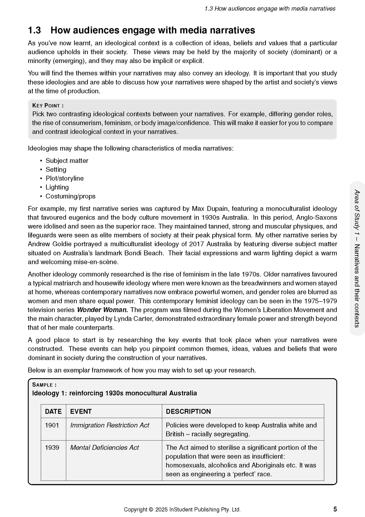 White course notes by ATAR Notes with black text, titled '1.3 How audiences engage with media narratives', showing a table.