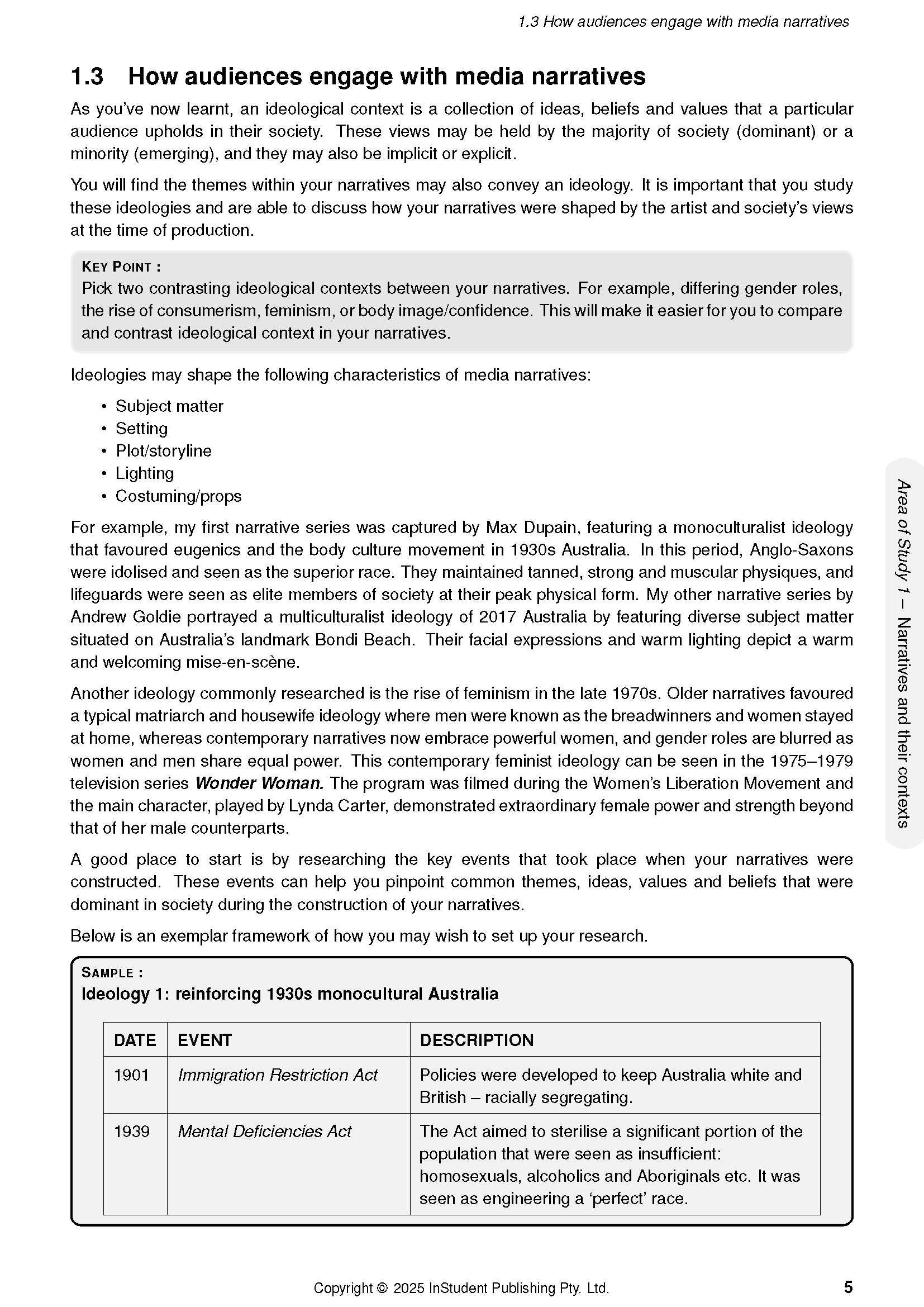 White course notes by ATAR Notes with black text, titled '1.3 How audiences engage with media narratives', showing a table.