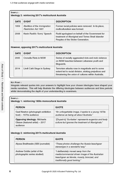 Course notes page by ATAR Notes, featuring tables and text on media narratives and Australian ideologies.