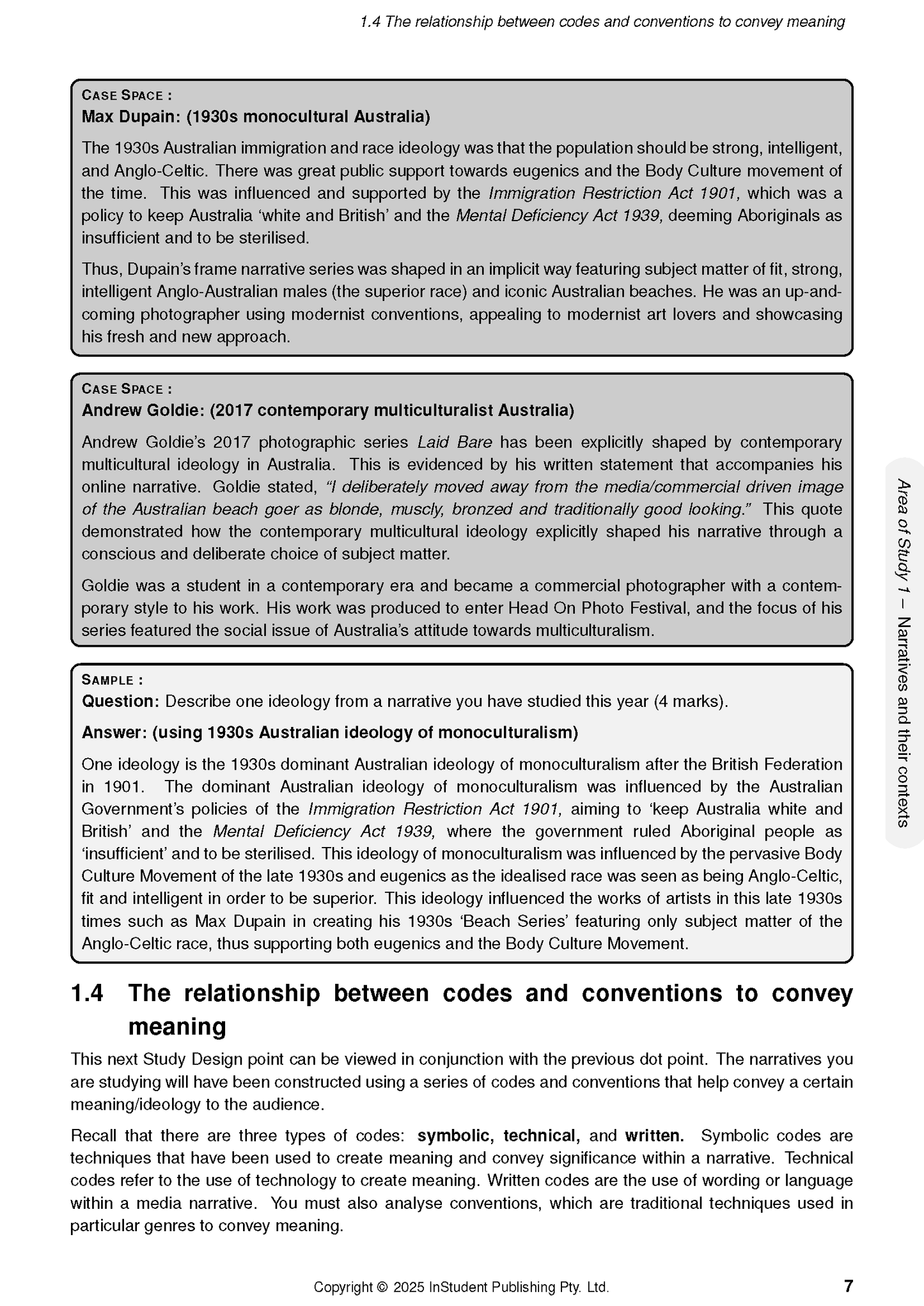 White course notes by ATAR Notes, showing text on media codes and conventions with case studies and a sample question.