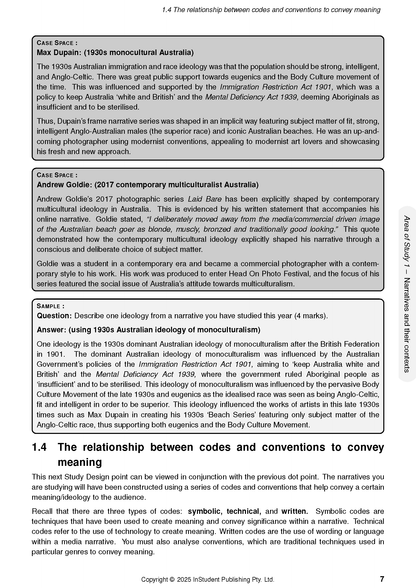 White course notes by ATAR Notes, showing text on media codes and conventions with case studies and a sample question.