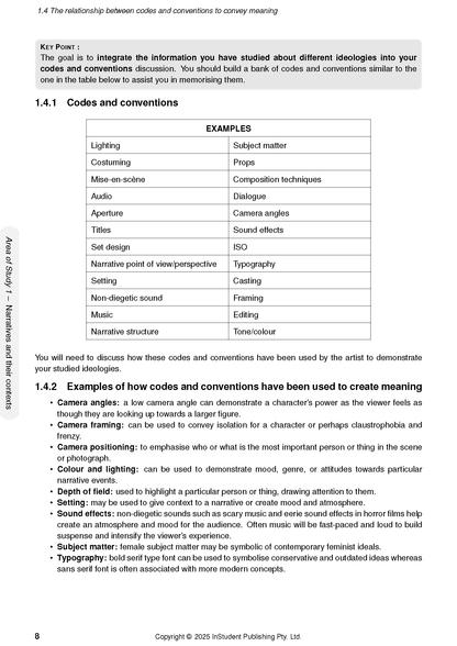 VCE Media 3&4 Complete Course Notes by ATAR Notes, displaying a page with detailed text on codes and conventions.
