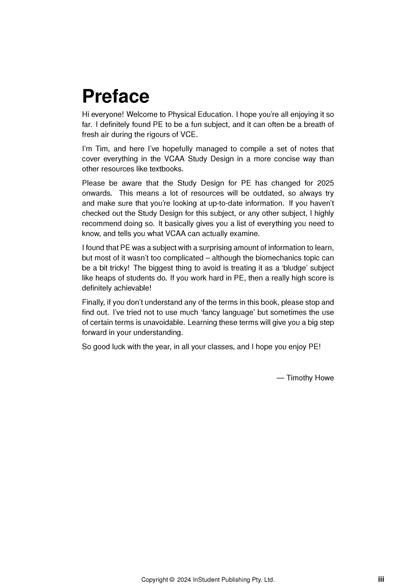 White page of VCE Physical Education Complete Course Notes by ATAR Notes, featuring the 'Preface' section and copyright details.