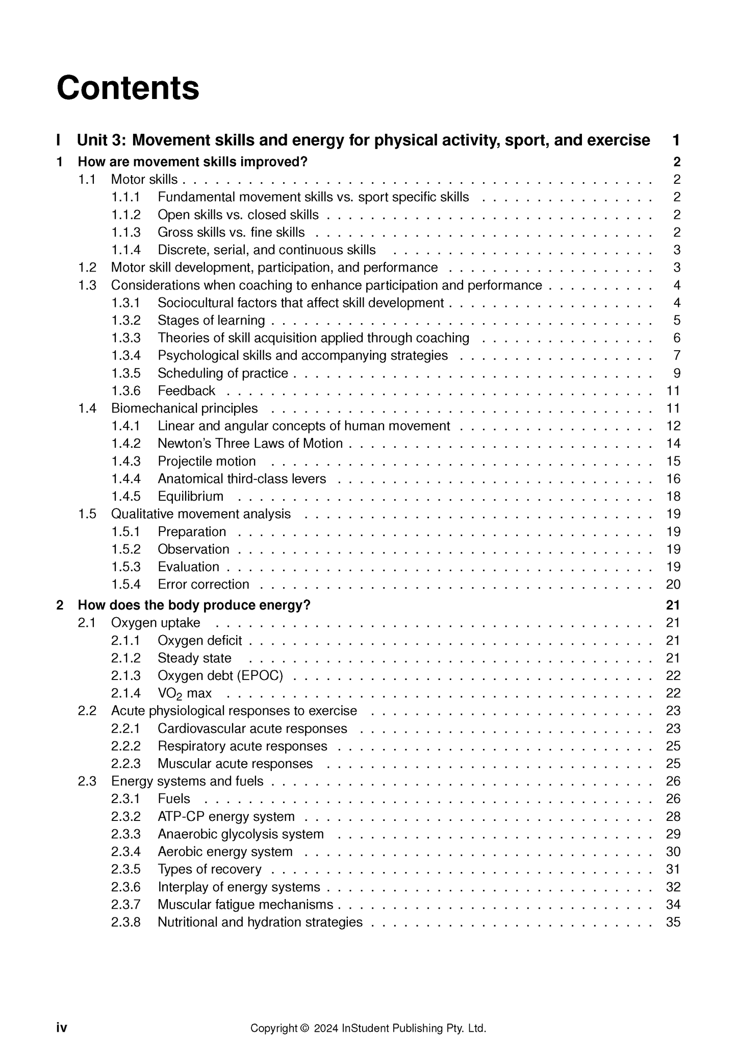 White course notes page by ATAR Notes, displaying a detailed table of contents for Physical Education Unit 3.