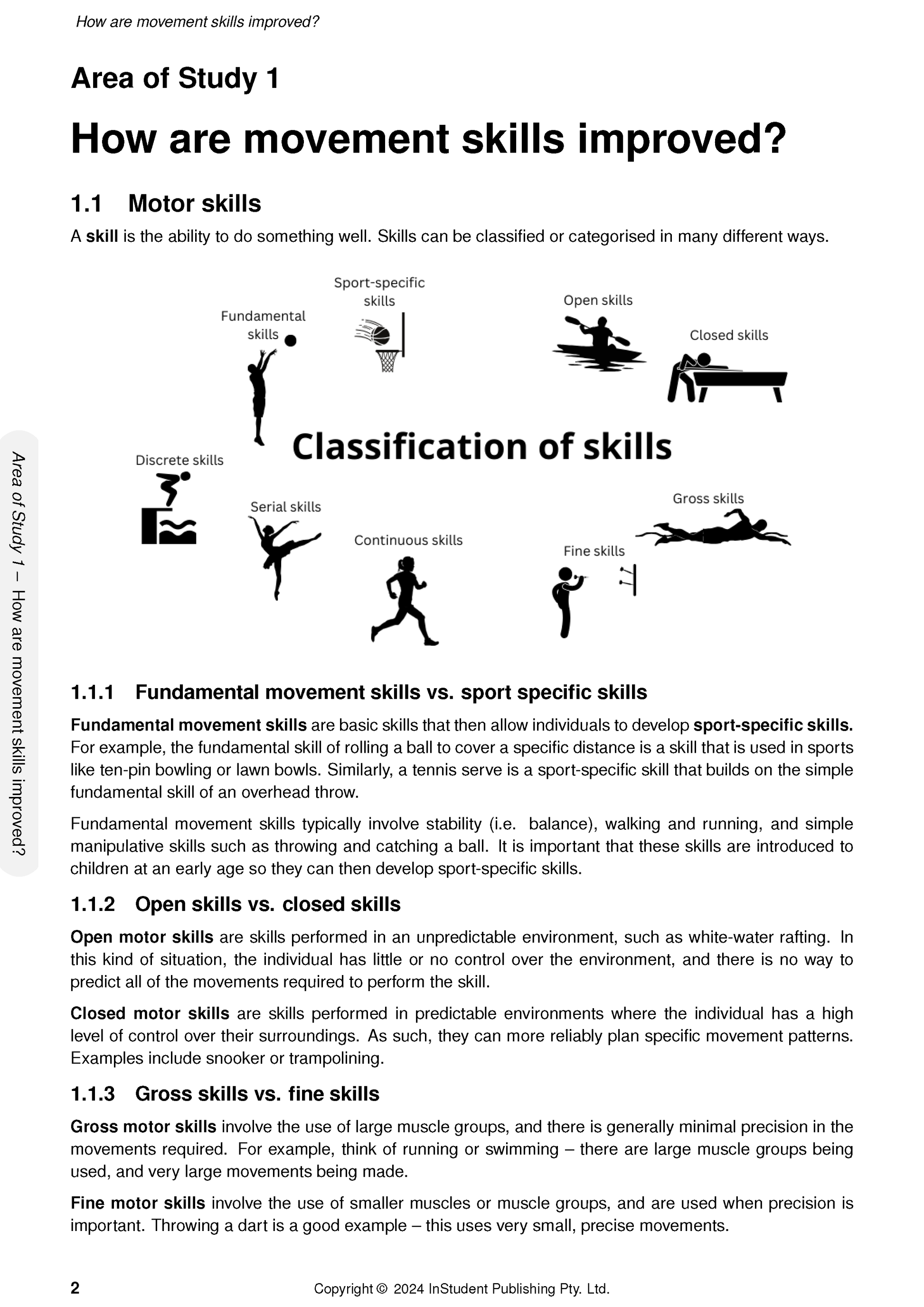 White course notes page by ATAR Notes, featuring a classification of movement skills diagram and text.