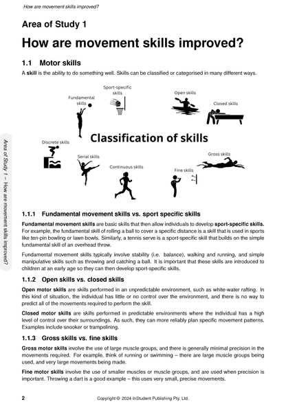 White course notes page by ATAR Notes, featuring a classification of movement skills diagram and text.