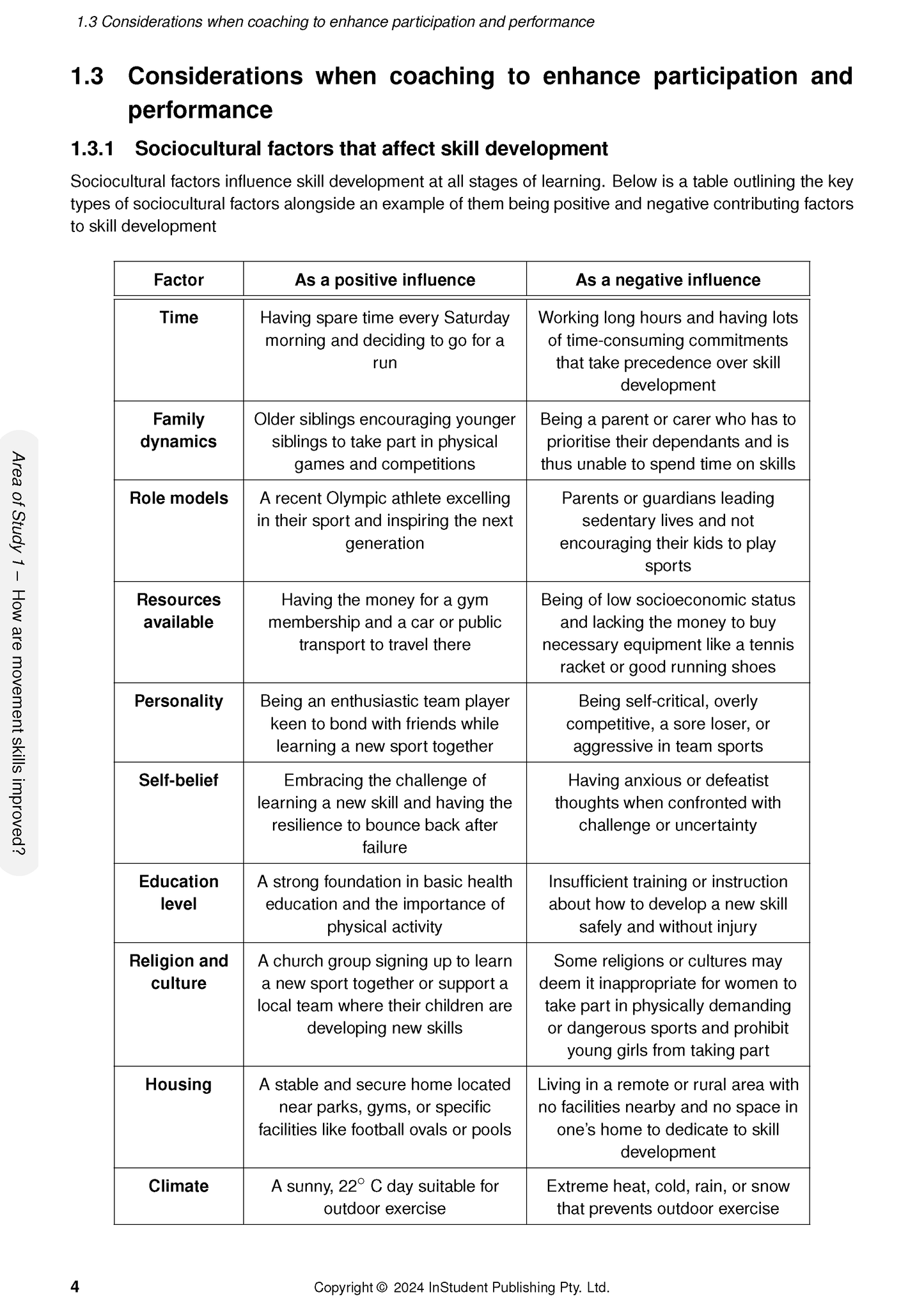 Open white Course Notes by ATAR Notes, displaying a table on sociocultural factors affecting skill development.
