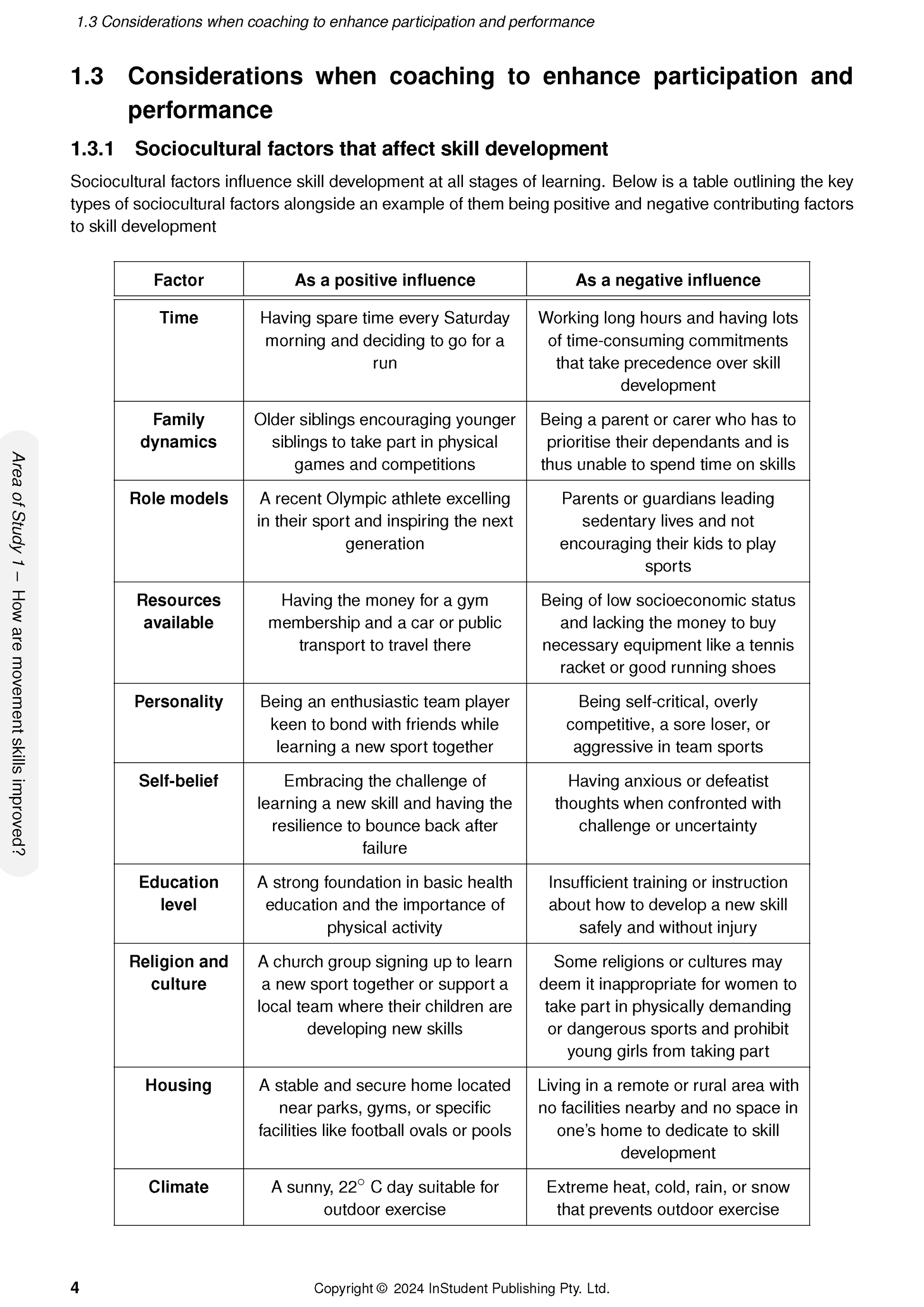 Open white Course Notes by ATAR Notes, displaying a table on sociocultural factors affecting skill development.