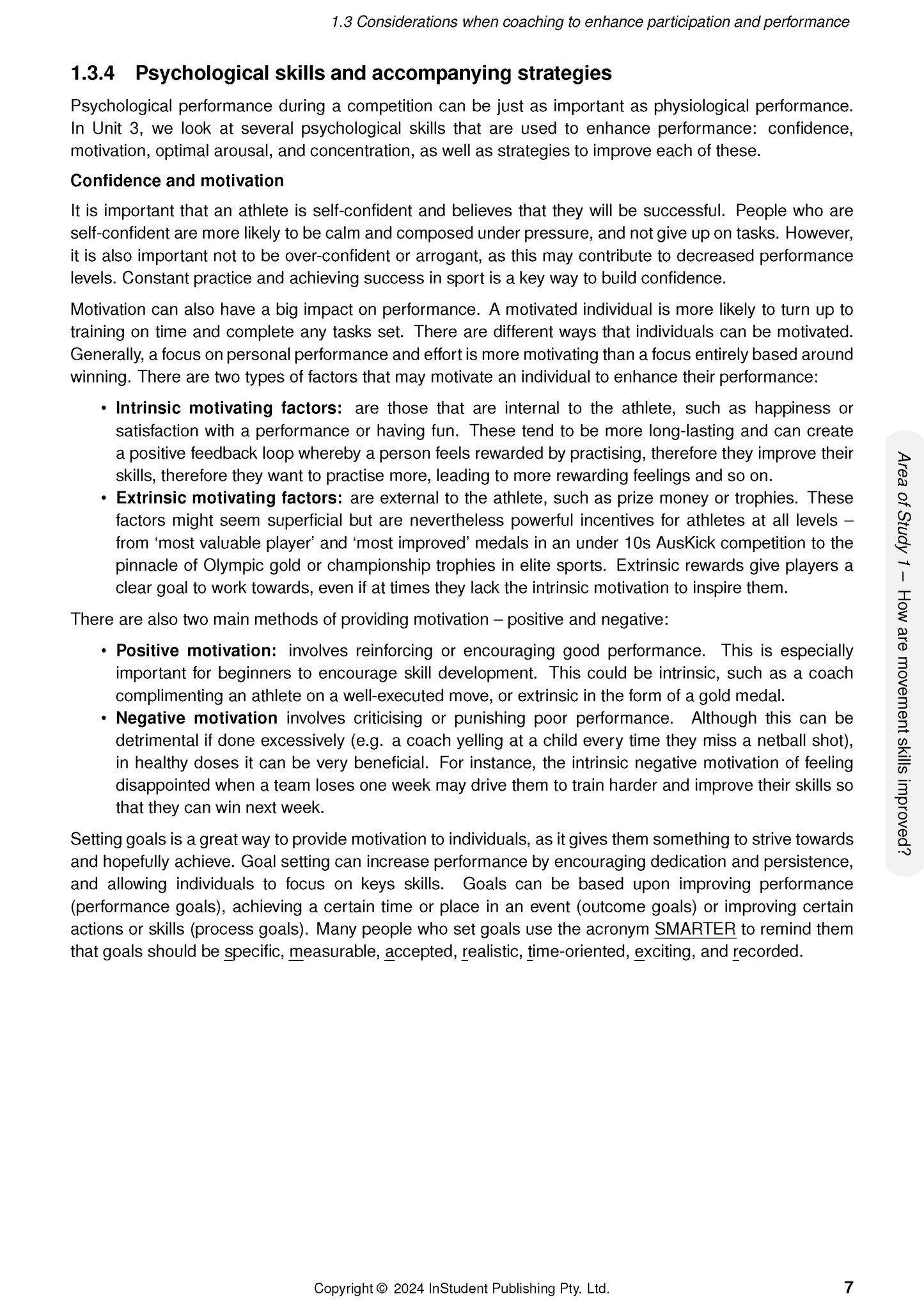 White page of course notes by ATAR Notes, detailing psychological skills, motivation, and goal setting on page 7.