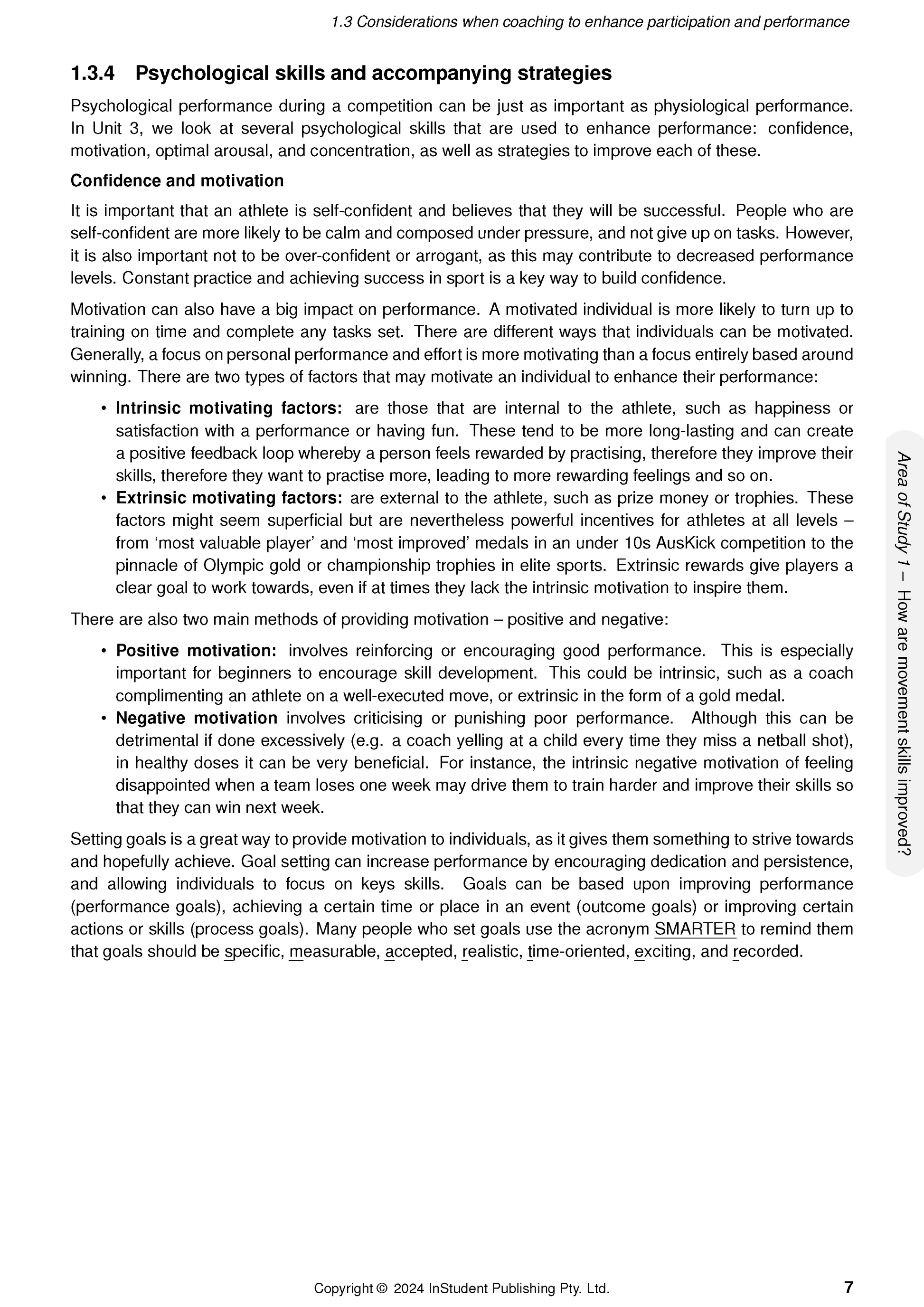 White page of course notes by ATAR Notes, detailing psychological skills, motivation, and goal setting on page 7.