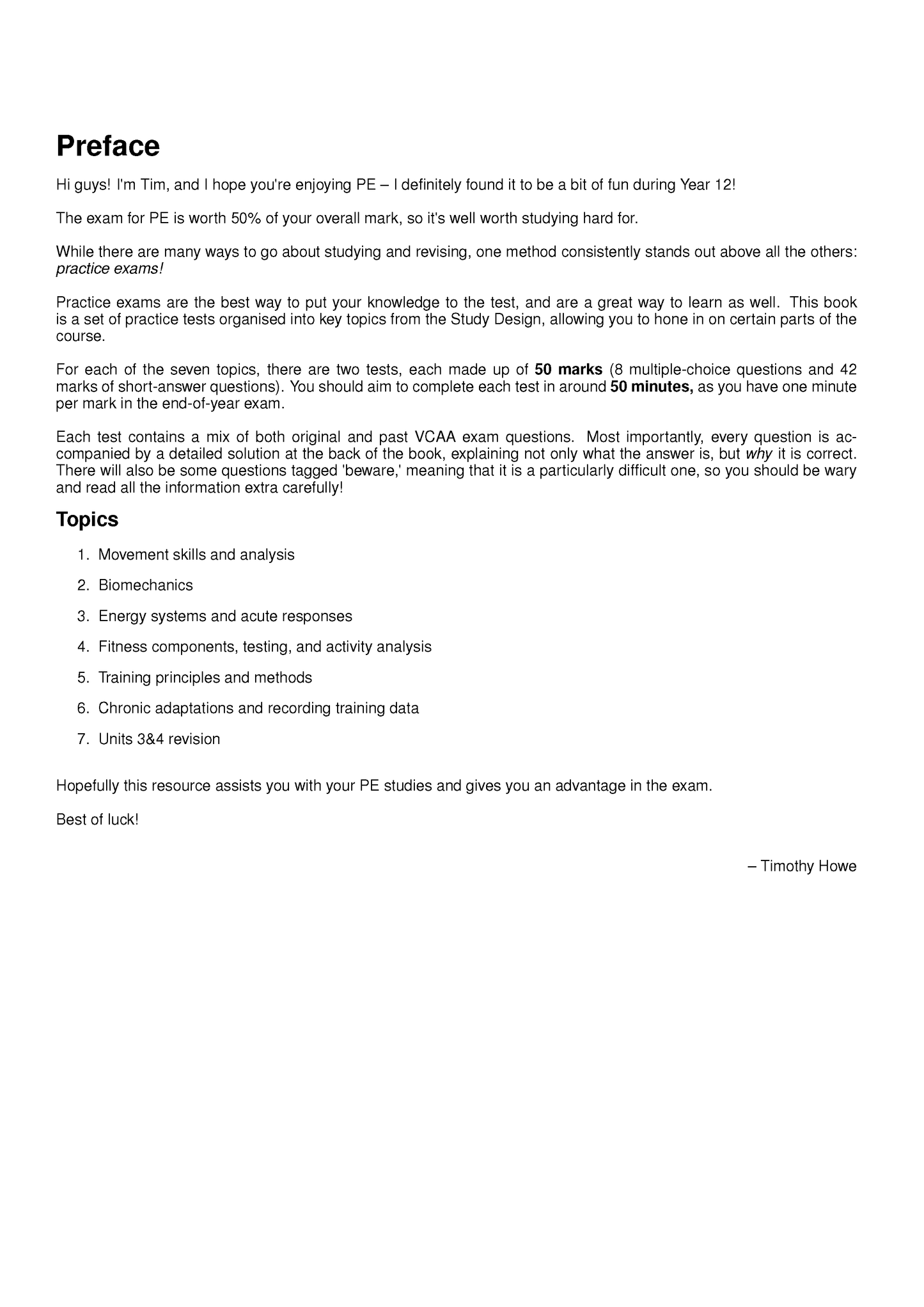 Physical Education Topic Tests by ATAR Notes, displaying a preface page with exam details and a list of topics.