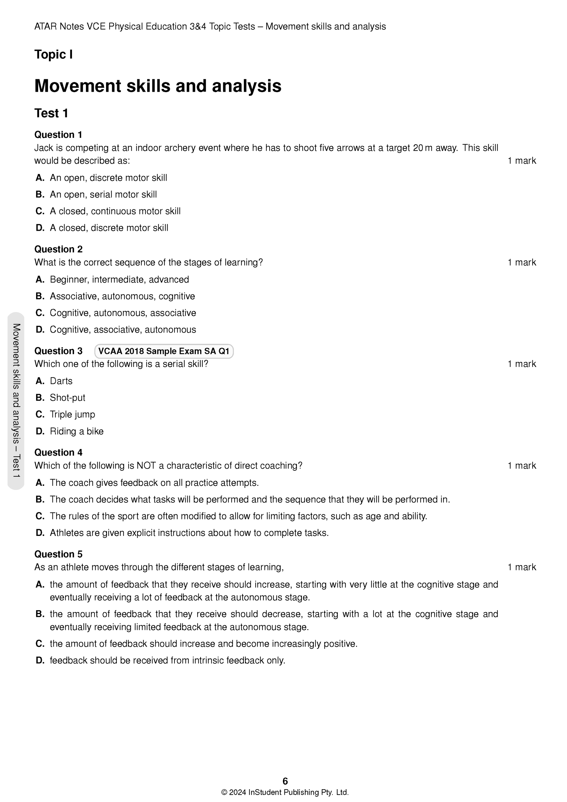 Physical Education Topic Test page by ATAR Notes, showing multiple-choice questions on movement skills and analysis.