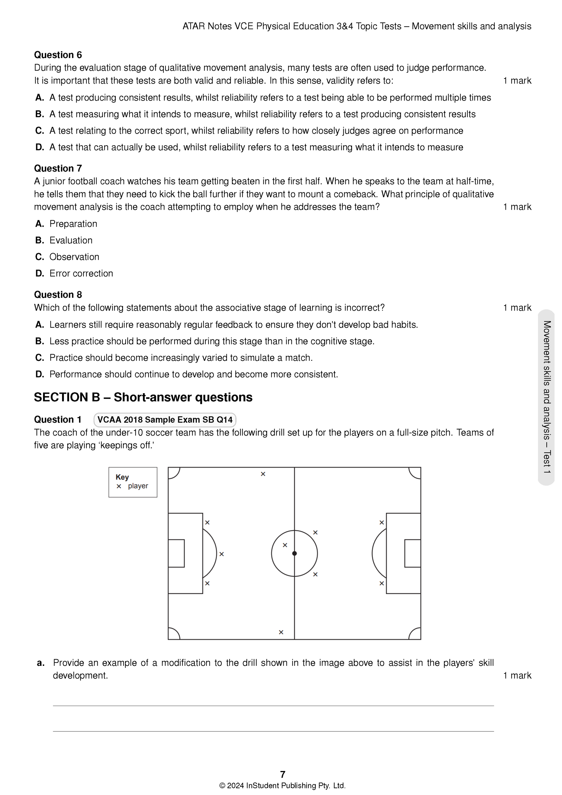 Physical Education Topic Tests 3&4 for 2025-2027 by ATAR Notes, showing multiple-choice questions and a soccer drill diagram.